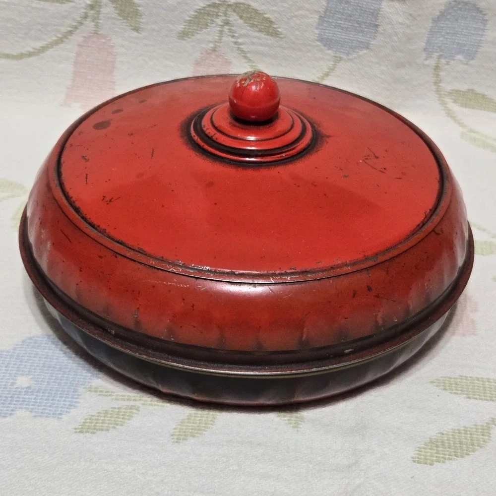 Red Round Vintage Sewing Metal Tin Knob Lidded Box Midcentury Notions Storage